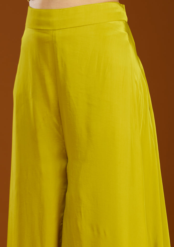 Lemon Yellow Georgette Cutdana Crop Top Kurta With Palazzo And Dupatta