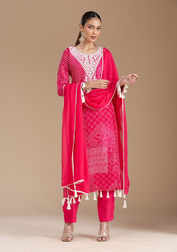 Rani Pink Threadwork Crepe Readymade Salwar Suit