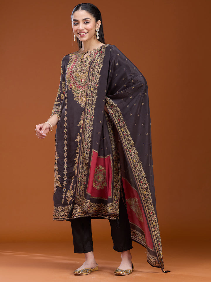 Black Threadwork Soft Raw Silk Readymade Salwar Suit