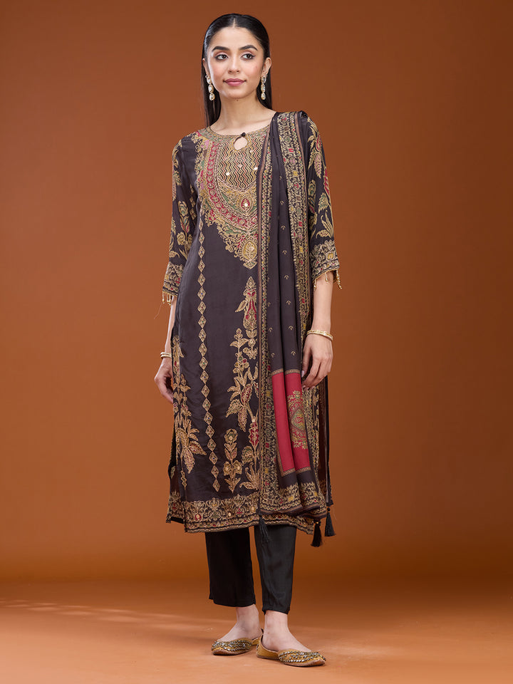 Black Threadwork Soft Raw Silk Readymade Salwar Suit