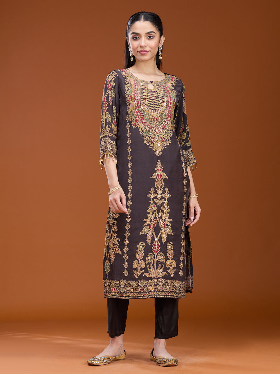 Black Threadwork Soft Raw Silk Readymade Salwar Suit