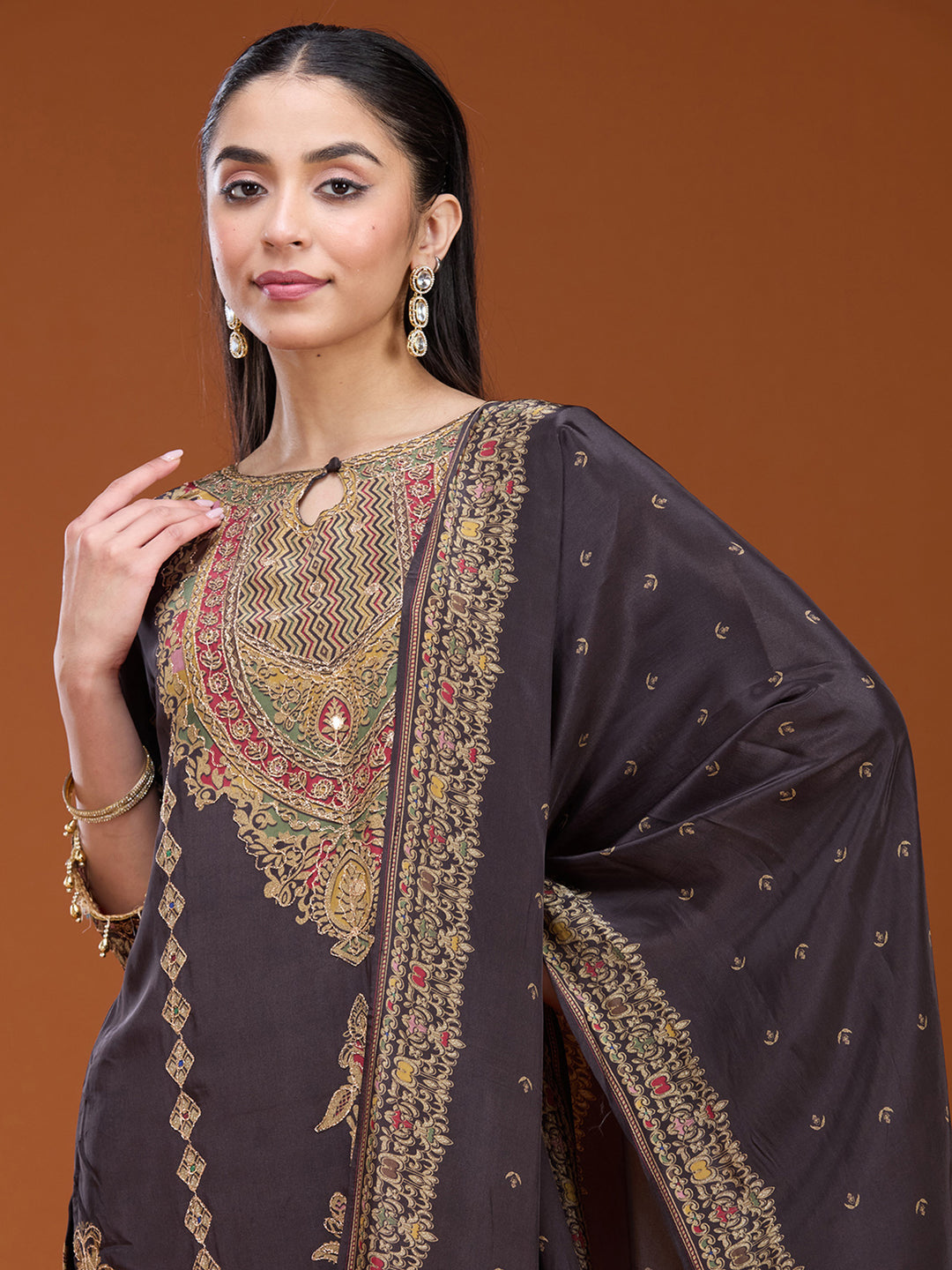 Black Threadwork Soft Raw Silk Readymade Salwar Suit