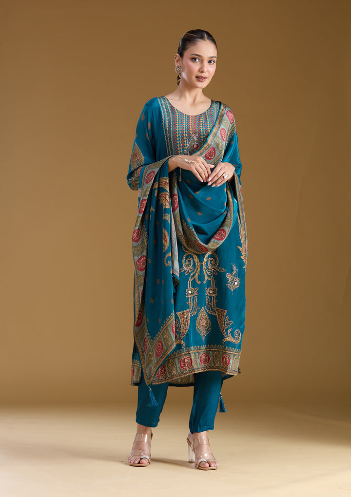 Peacock Blue Threadwork Soft Raw Silk Readymade Salwar Suit