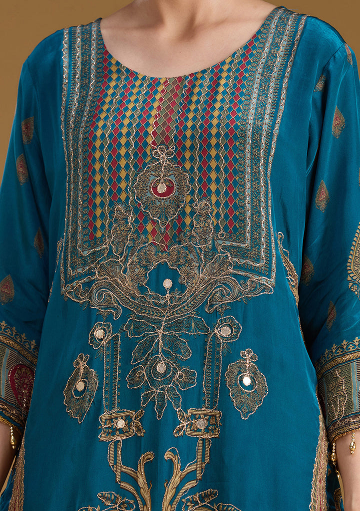 Peacock Blue Threadwork Soft Raw Silk Readymade Salwar Suit