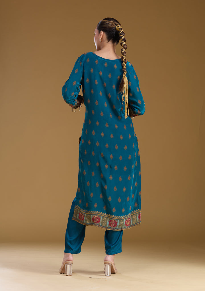 Peacock Blue Threadwork Soft Raw Silk Readymade Salwar Suit