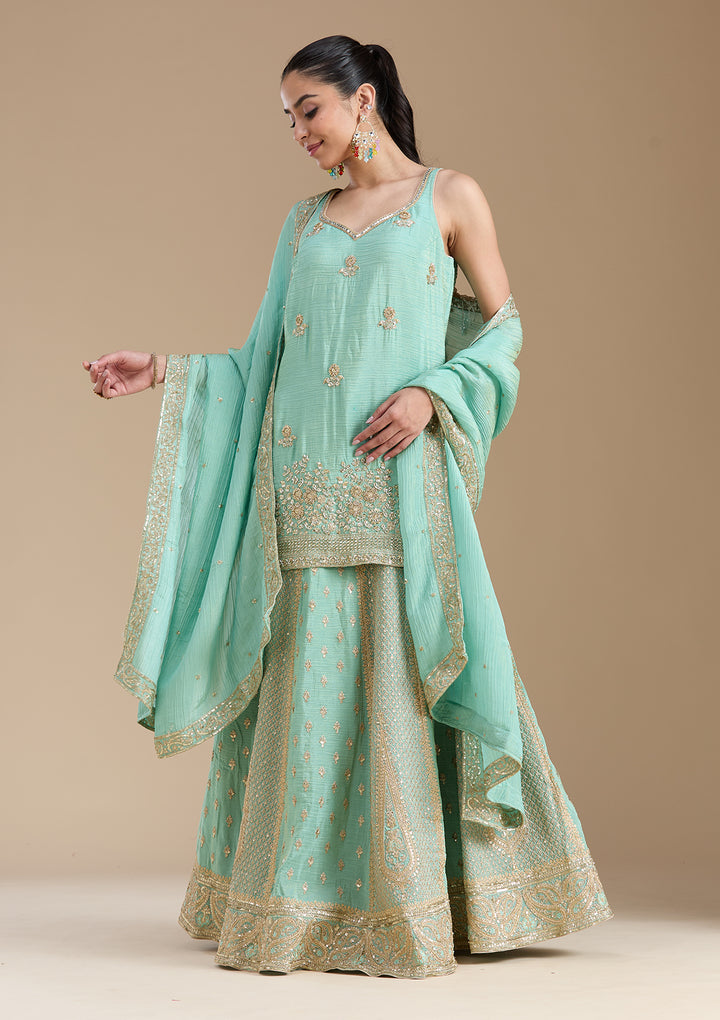 Sea Green Sequins Tissue Readymade Salwar Suit
