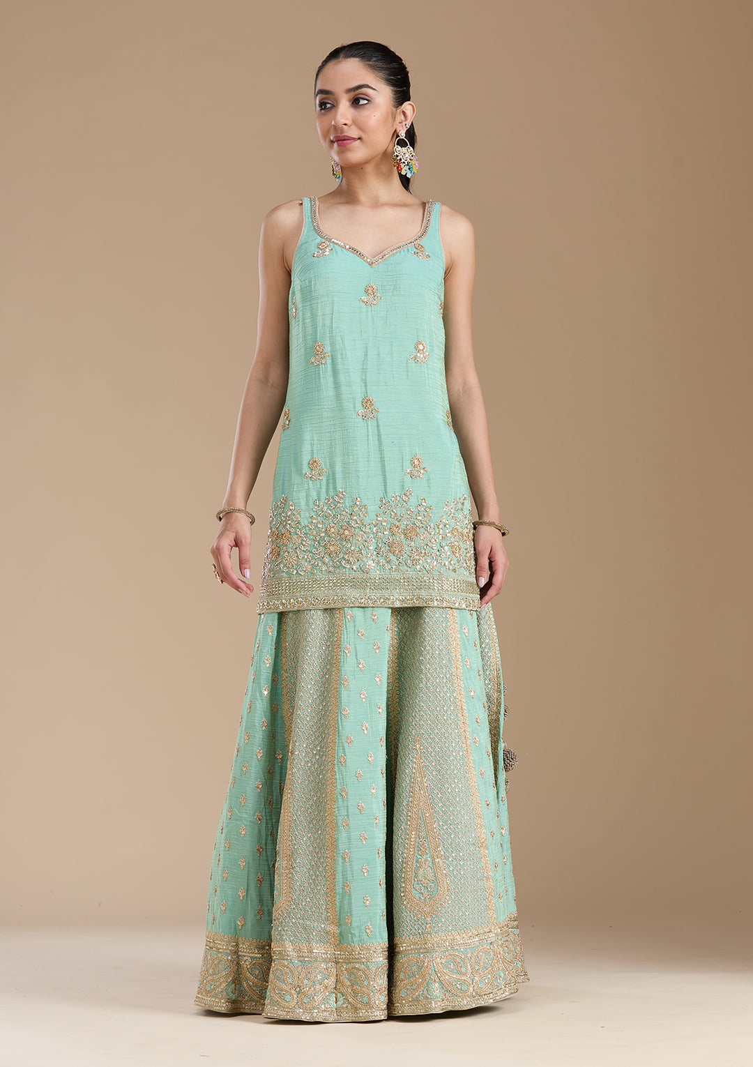 Sea Green Sequins Tissue Readymade Salwar Suit