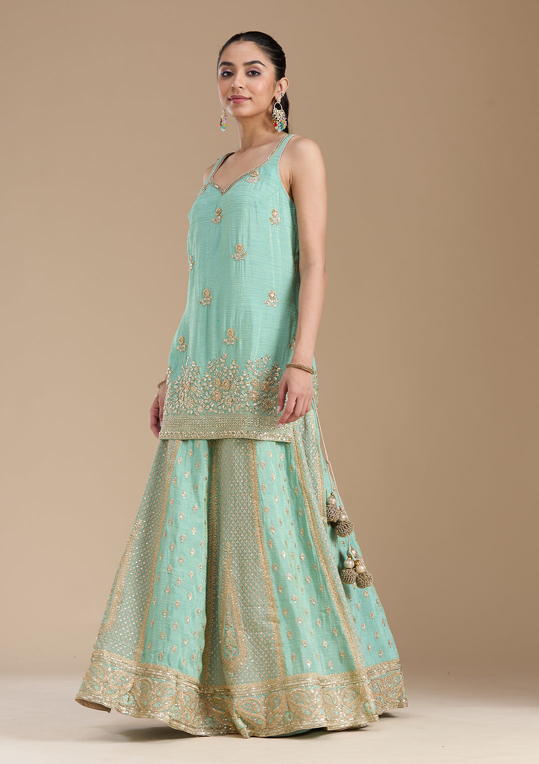Sea Green Sequins Tissue Readymade Salwar Suit