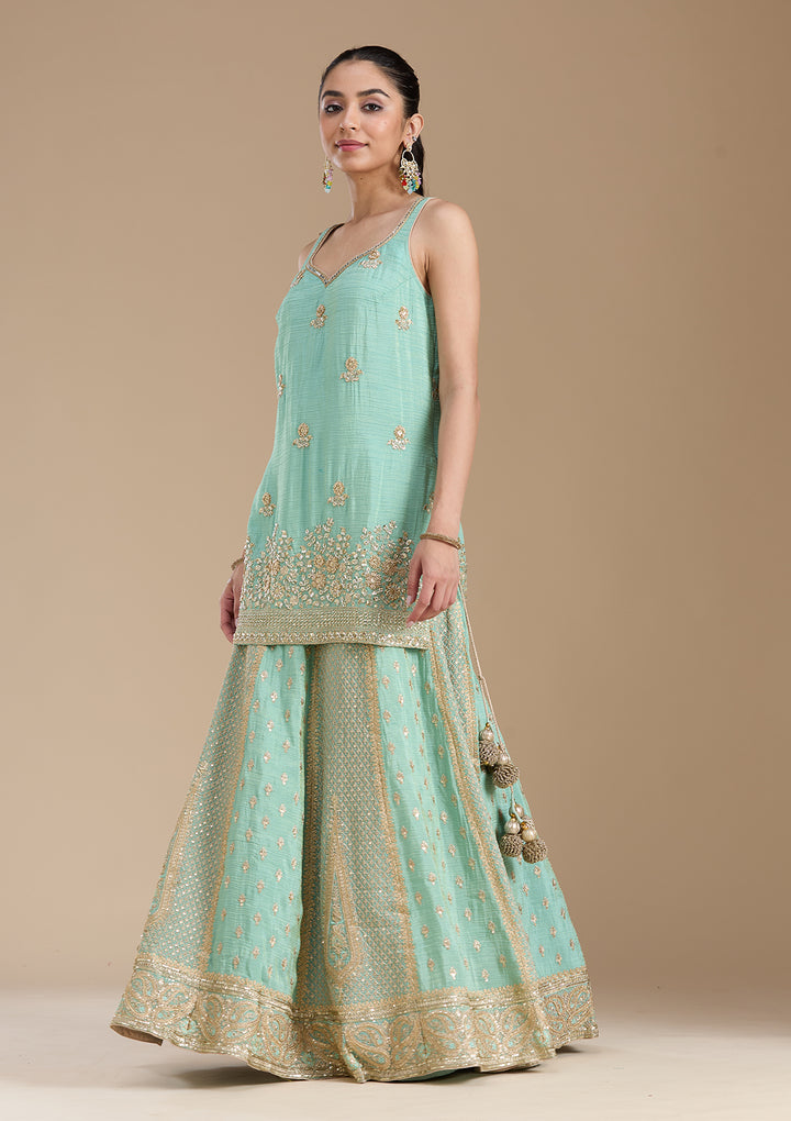 Sea Green Sequins Tissue Readymade Salwar Suit