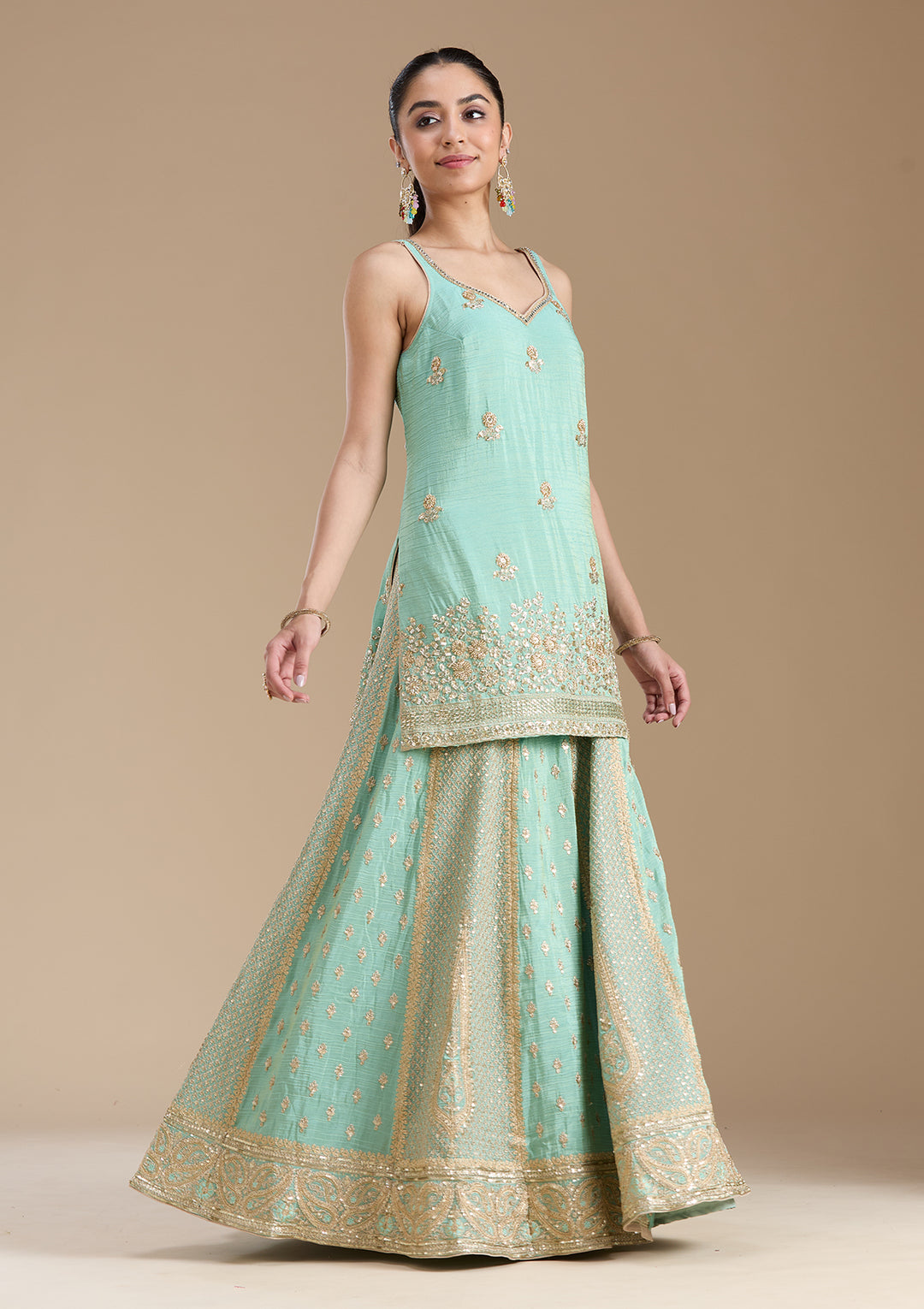 Sea Green Sequins Tissue Readymade Salwar Suit