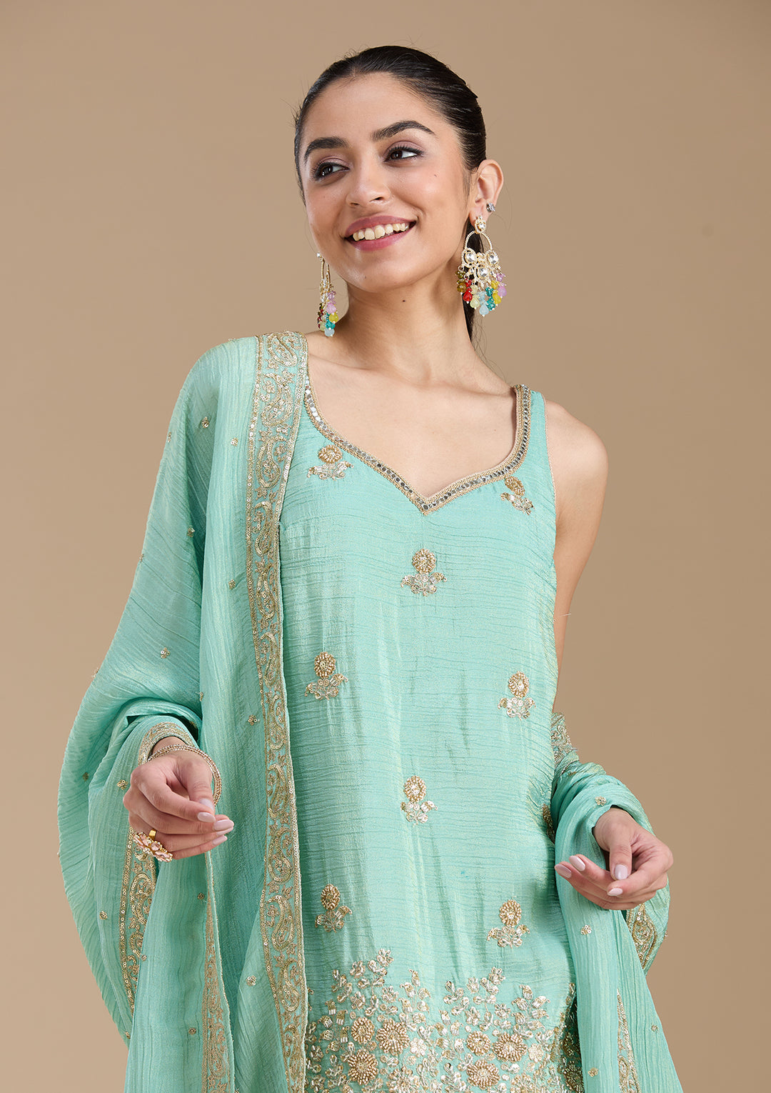 Sea Green Sequins Tissue Readymade Salwar Suit