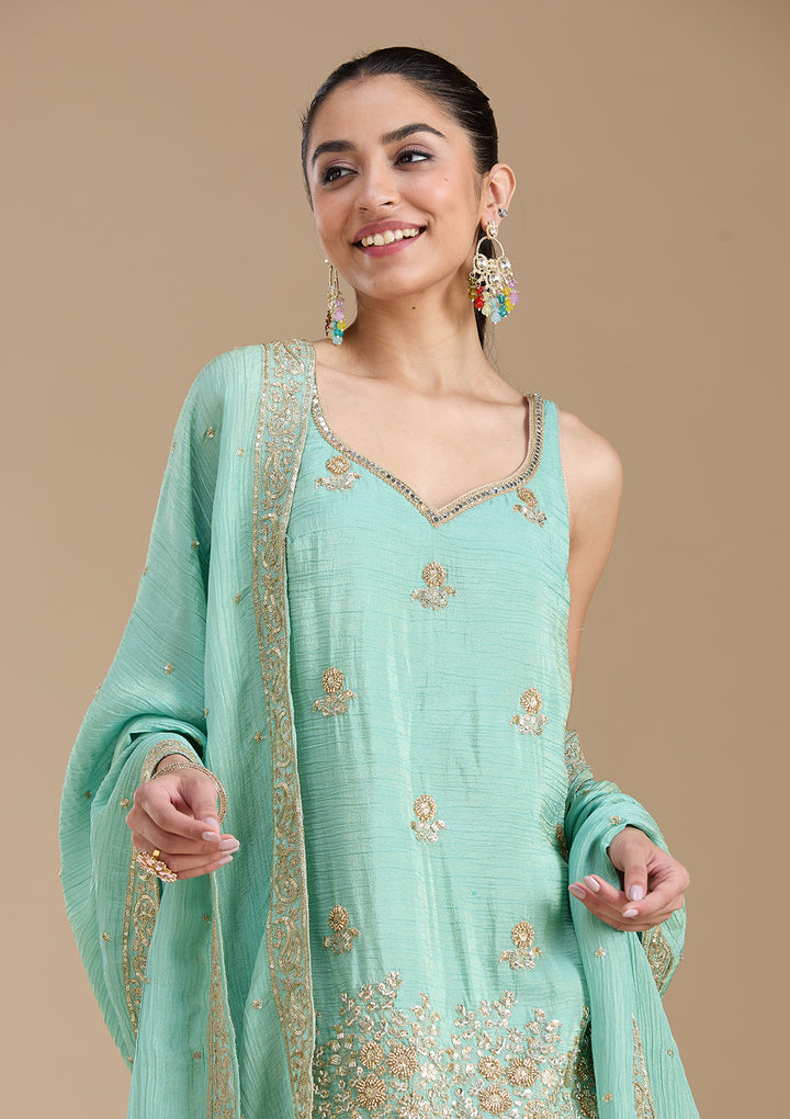 Sea Green Sequins Tissue Readymade Salwar Suit