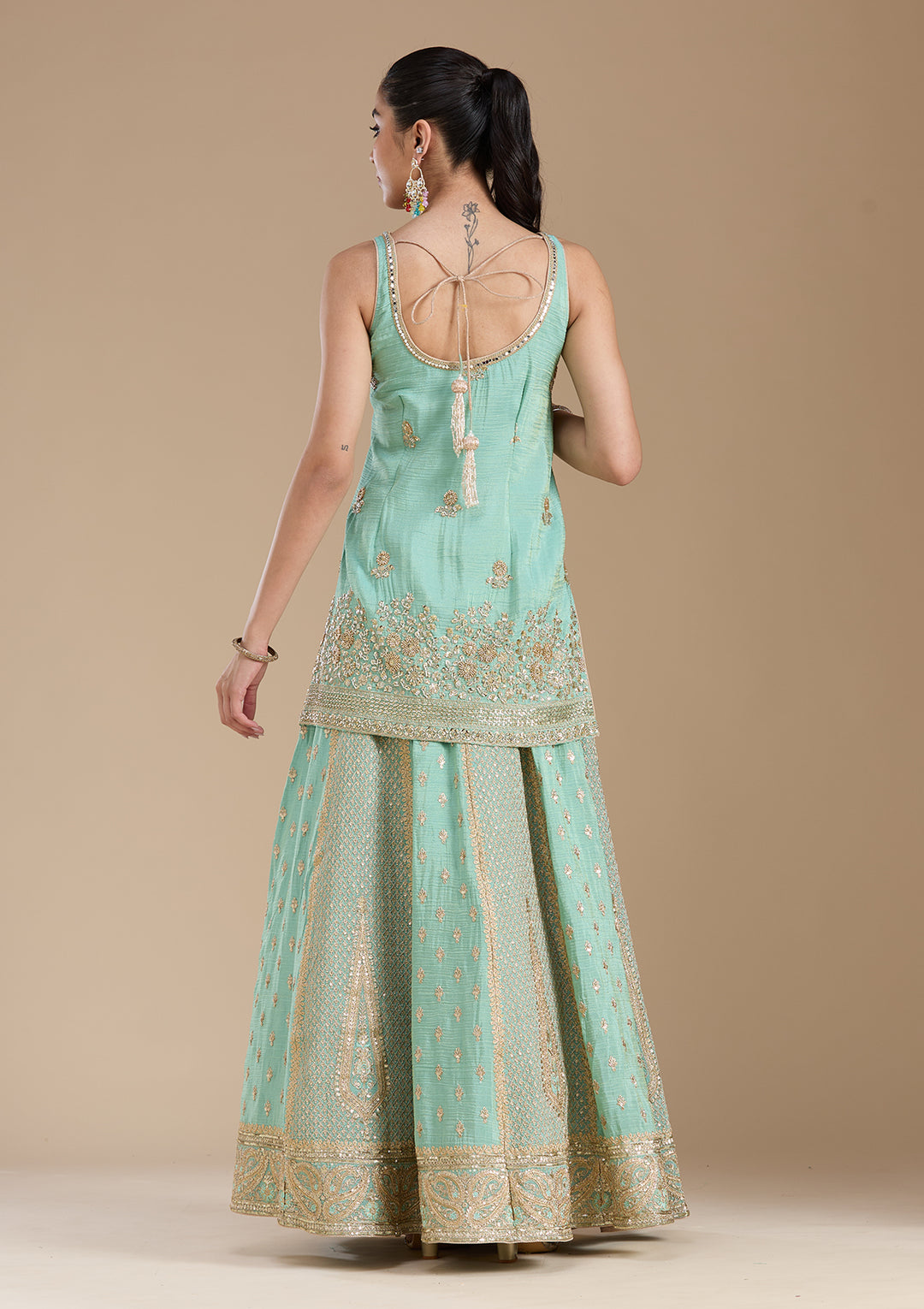Sea Green Sequins Tissue Readymade Salwar Suit