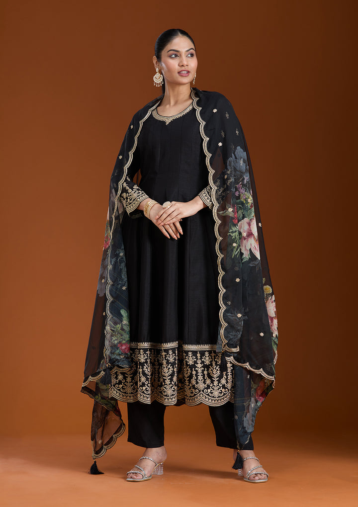 Black Zariwork (Gold) Soft Raw Silk Readymade Salwar Suit