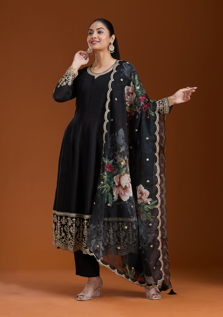 Black Zariwork (Gold) Soft Raw Silk Readymade Salwar Suit