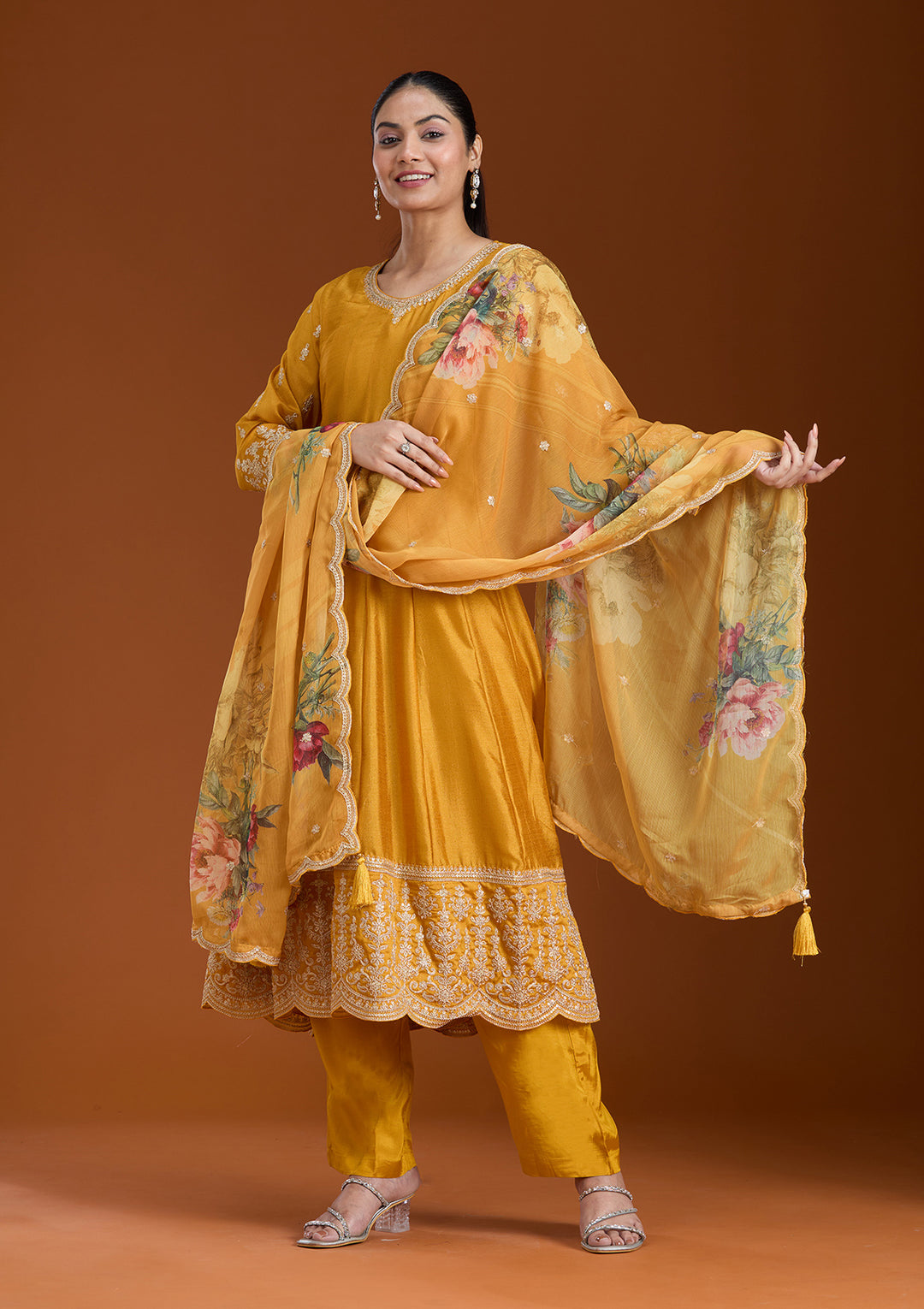 Mustard Yellow Soft Raw Silk Gold Zariwork Anarkali Kurta With Pant Regular And Dupatta