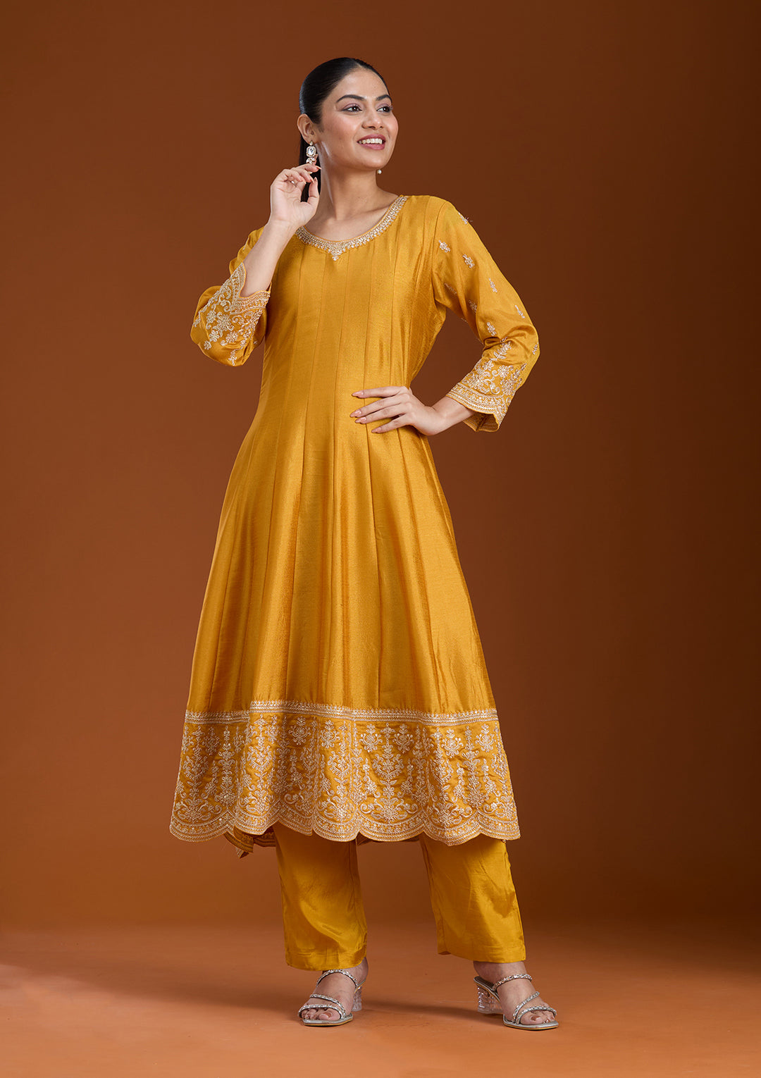 Mustard Yellow Soft Raw Silk Gold Zariwork Anarkali Kurta With Pant Regular And Dupatta