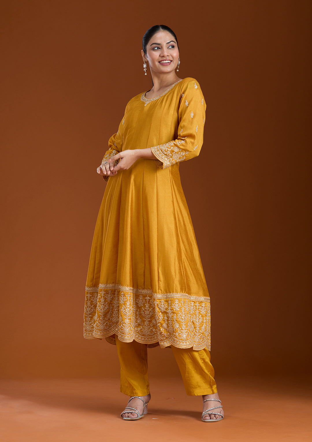 Mustard Yellow Soft Raw Silk Gold Zariwork Anarkali Kurta With Pant Regular And Dupatta