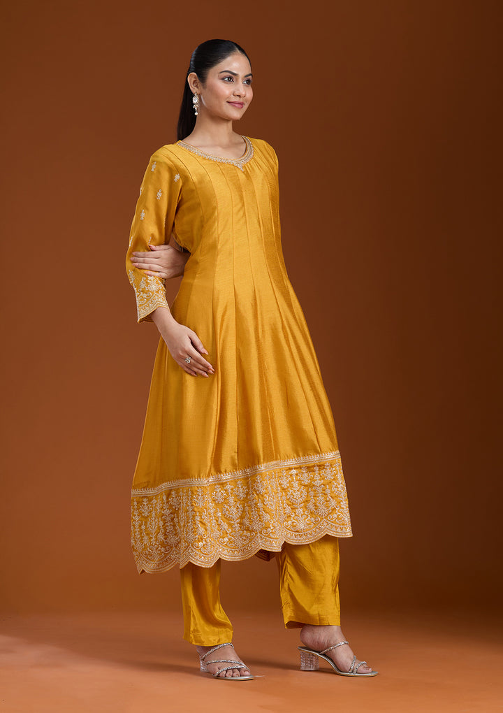 Mustard Yellow Soft Raw Silk Gold Zariwork Anarkali Kurta With Pant Regular And Dupatta