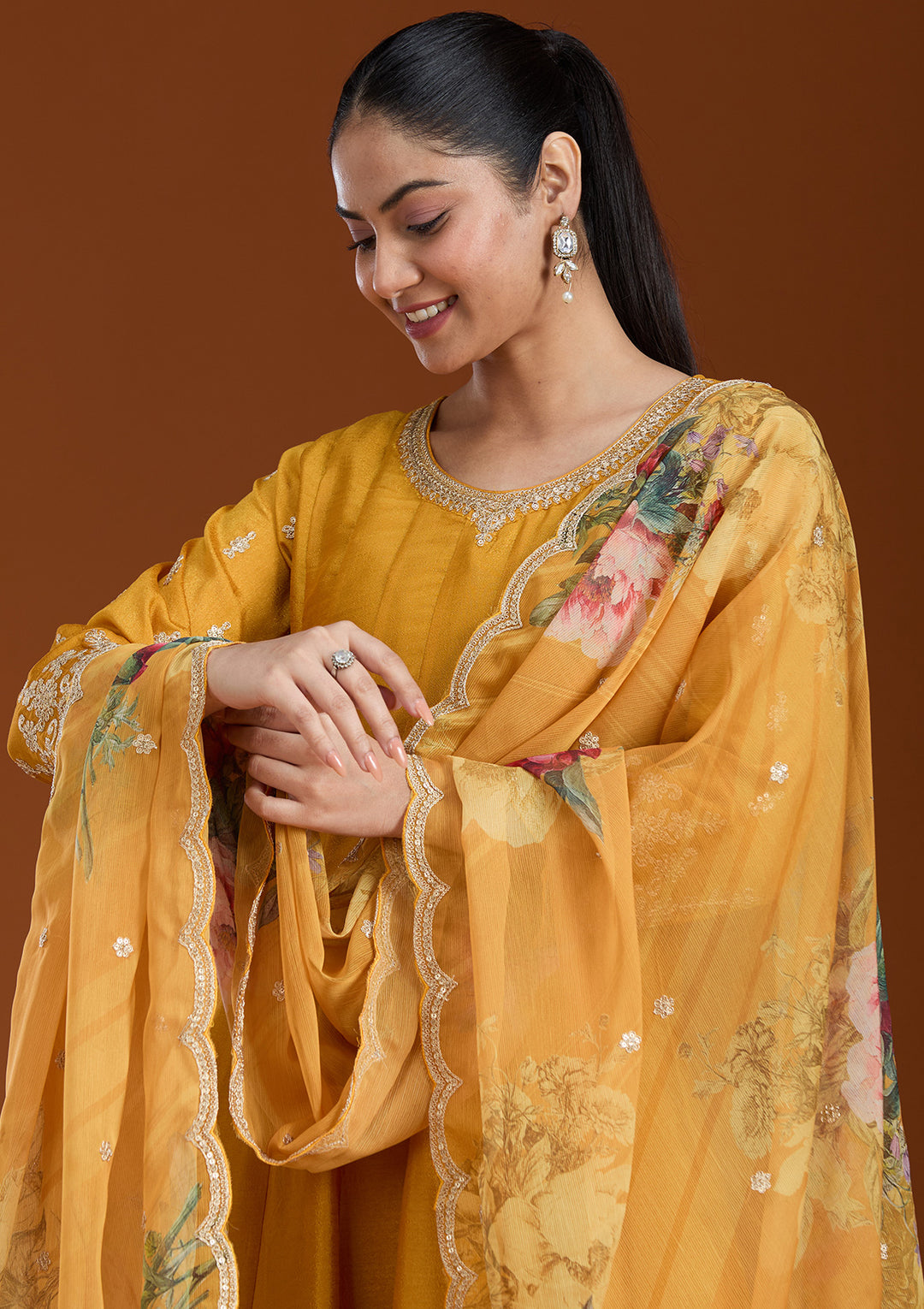 Mustard Yellow Soft Raw Silk Gold Zariwork Anarkali Kurta With Pant Regular And Dupatta