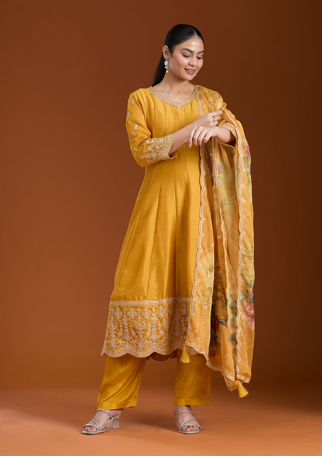 Mustard Yellow Soft Raw Silk Gold Zariwork Anarkali Kurta With Pant Regular And Dupatta
