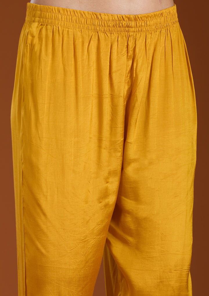 Mustard Yellow Soft Raw Silk Gold Zariwork Anarkali Kurta With Pant Regular And Dupatta