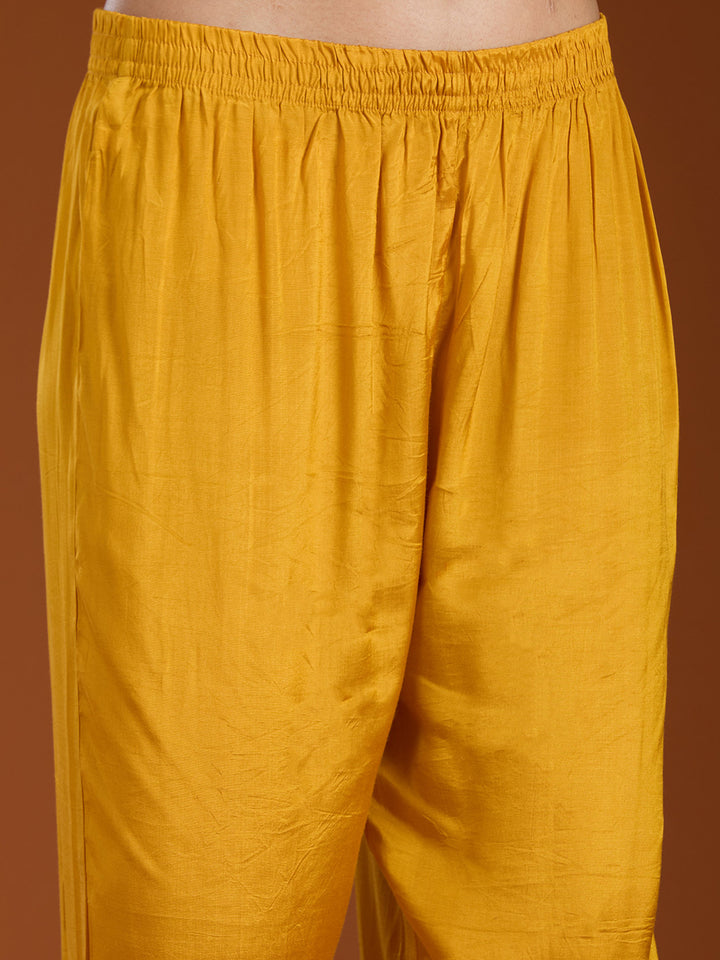 Mustard Yellow Zariwork (Gold) Soft Raw Silk Readymade Salwar Suit