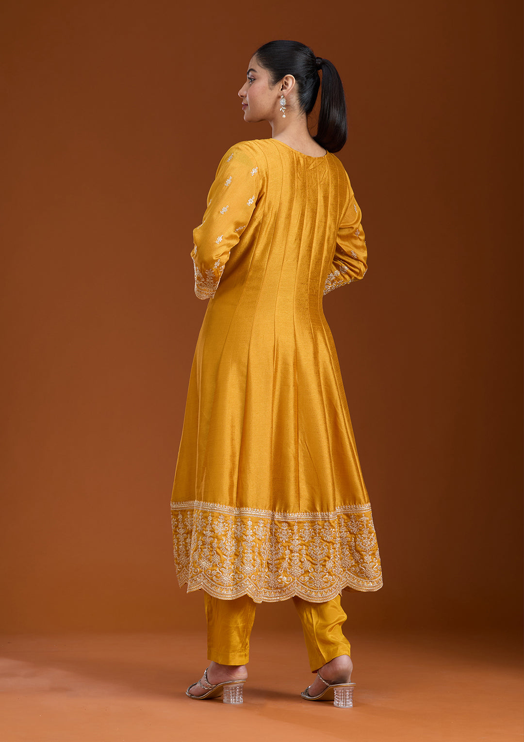 Mustard Yellow Soft Raw Silk Gold Zariwork Anarkali Kurta With Pant Regular And Dupatta