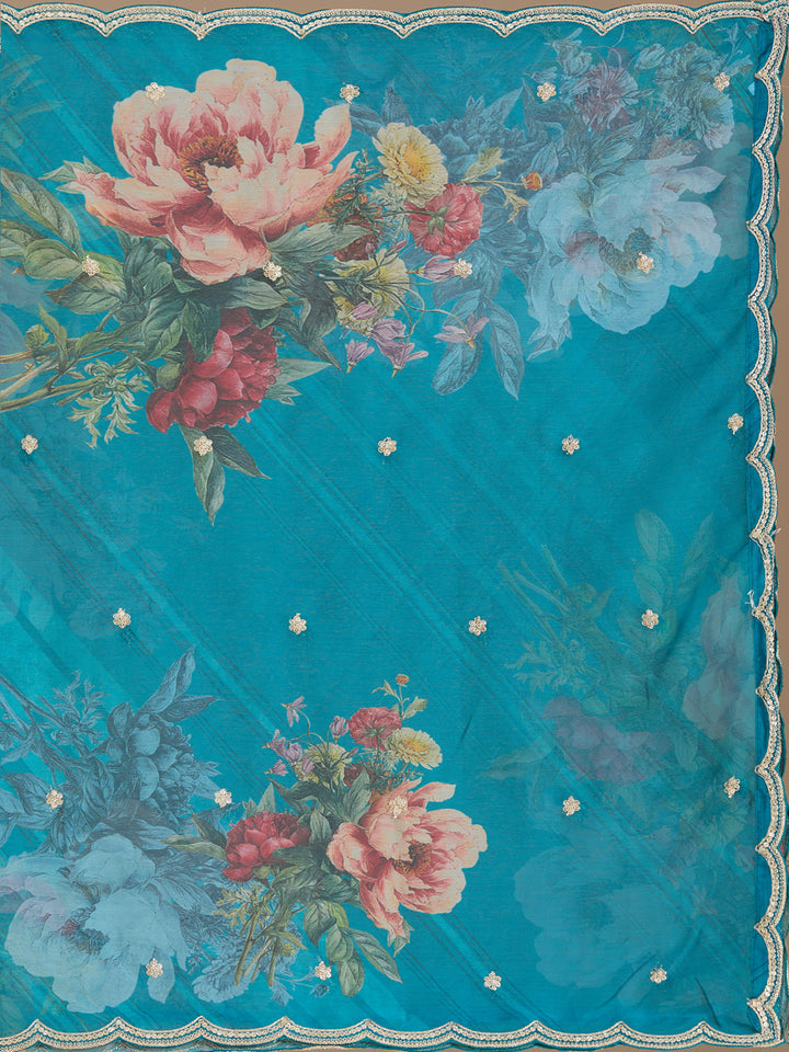 Turquoise Blue Zariwork Soft Raw Silk Readymade Salwar Suit