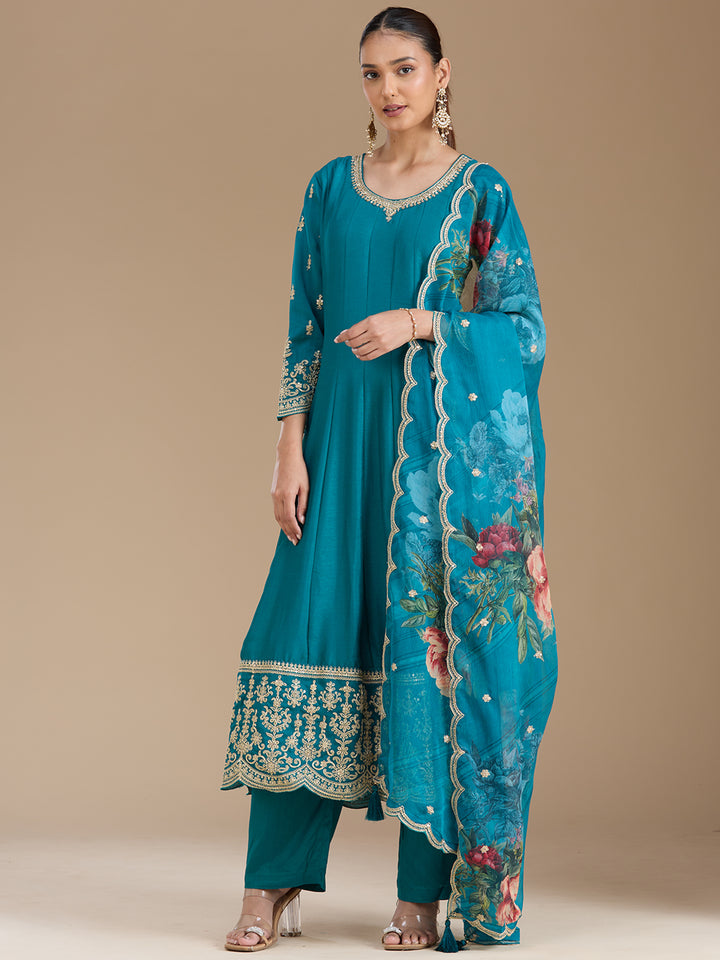 Turquoise Blue Zariwork Soft Raw Silk Readymade Salwar Suit