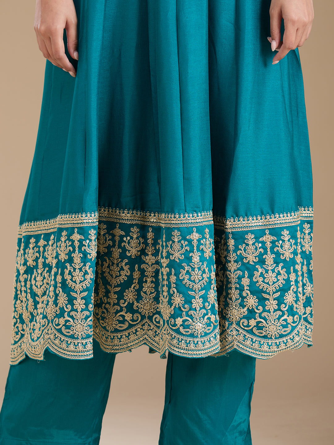 Turquoise Blue Zariwork Soft Raw Silk Readymade Salwar Suit