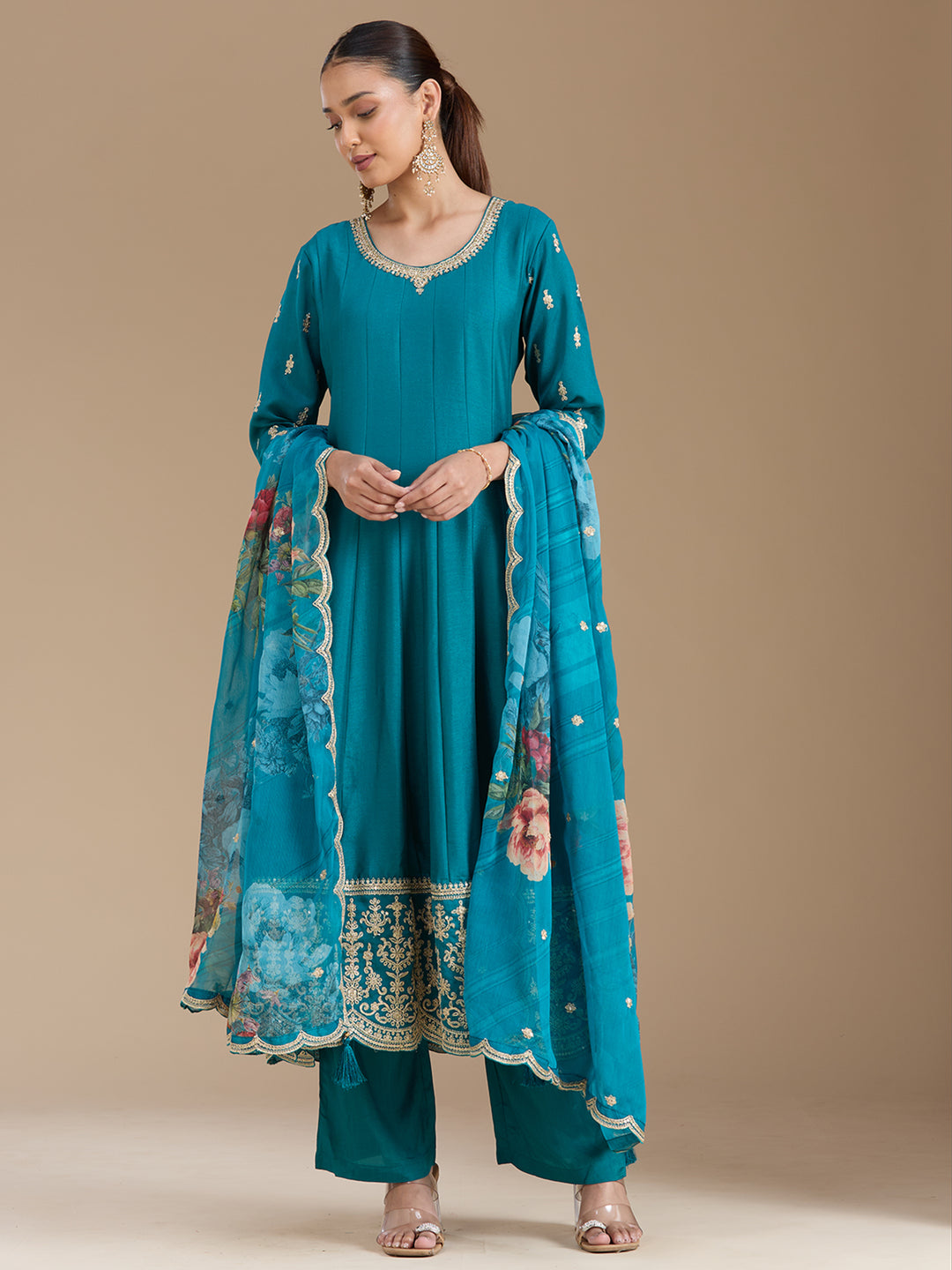 Turquoise Blue Zariwork Soft Raw Silk Readymade Salwar Suit