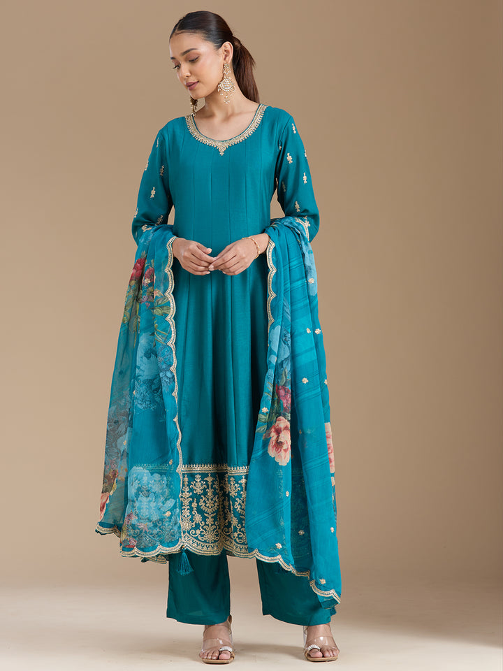 Turquoise Blue Zariwork Soft Raw Silk Readymade Salwar Suit