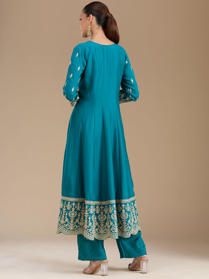 Turquoise Blue Zariwork Soft Raw Silk Readymade Salwar Suit