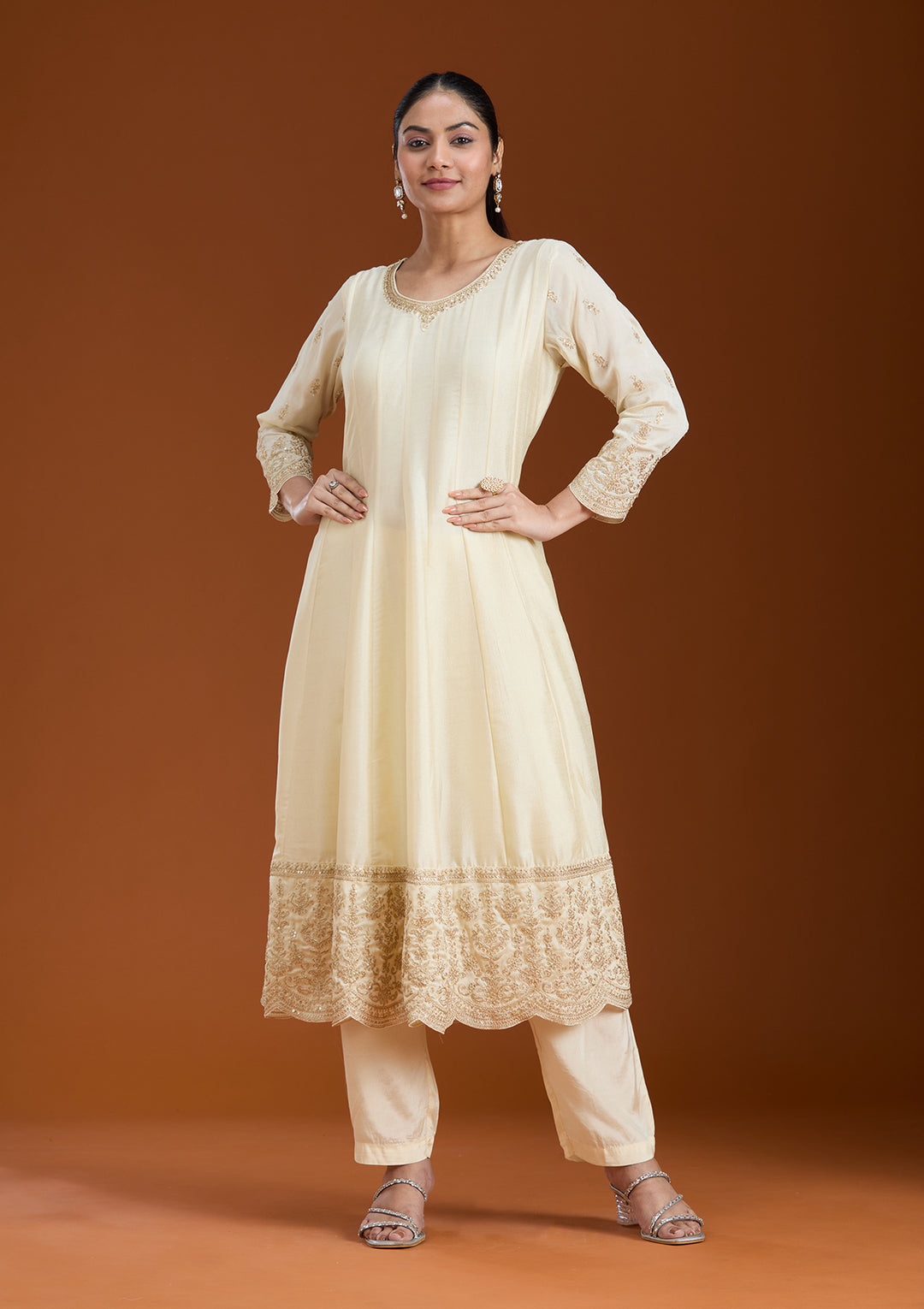Cream Cording Soft Raw Silk Readymade Salwar Suit