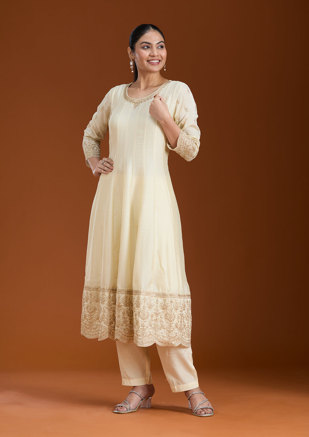 Cream Cording Soft Raw Silk Readymade Salwar Suit