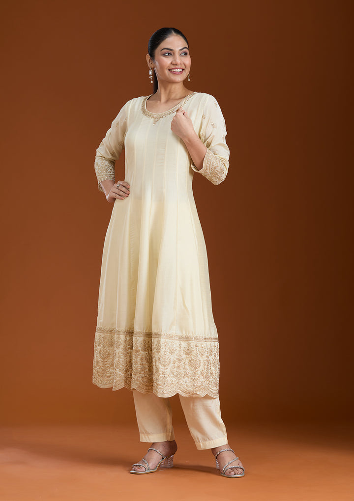 Cream Cording Soft Raw Silk Readymade Salwar Suit