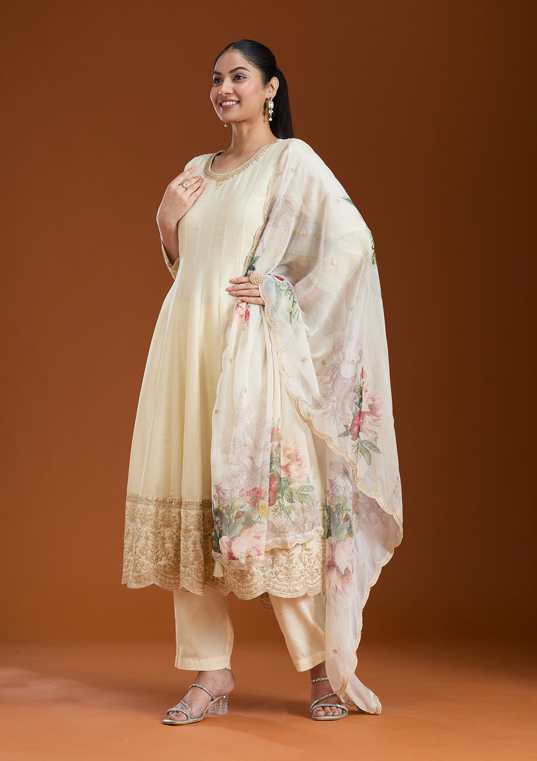Cream Cording Soft Raw Silk Readymade Salwar Suit
