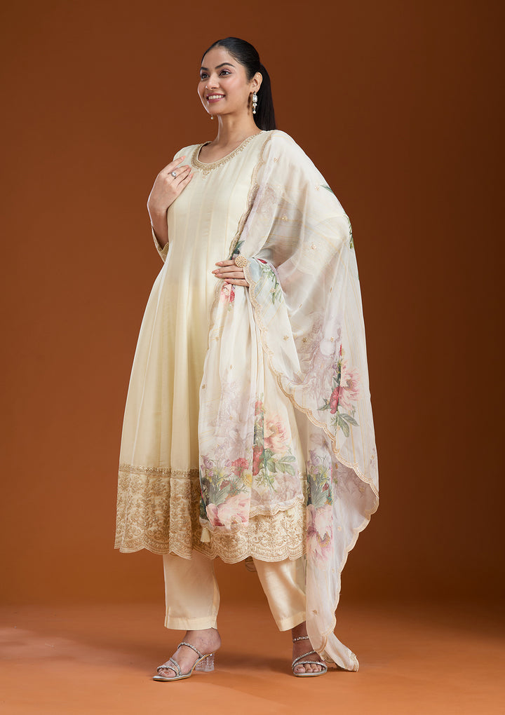 Cream Cording Soft Raw Silk Readymade Salwar Suit