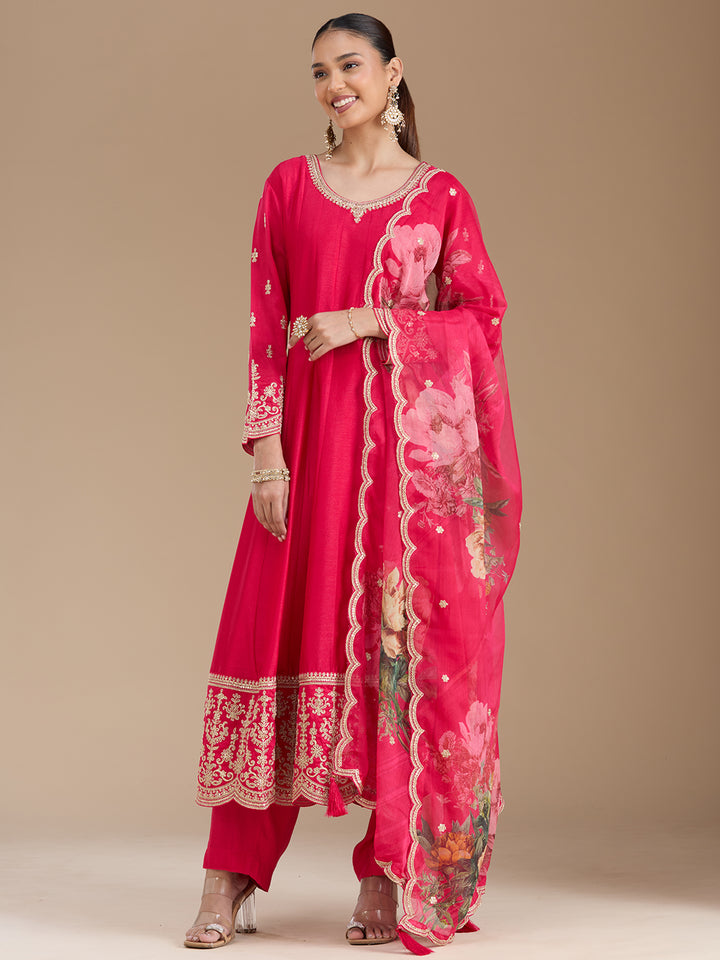 Rani Pink Threadwork Soft Raw Silk Readymade Salwar Suit