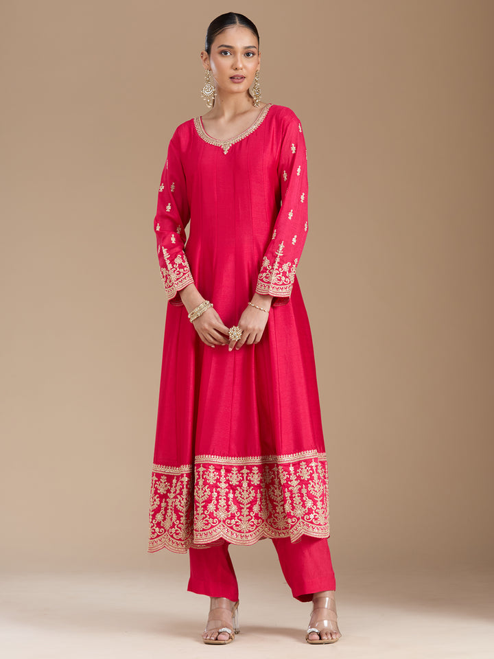 Rani Pink Threadwork Soft Raw Silk Readymade Salwar Suit
