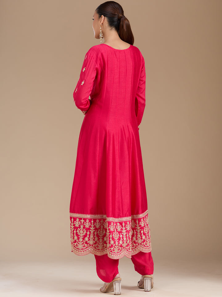 Rani Pink Threadwork Soft Raw Silk Readymade Salwar Suit