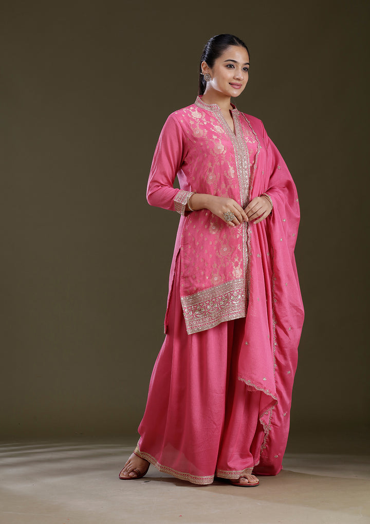Pink Threadwork Chinon Readymade Salwar Suit