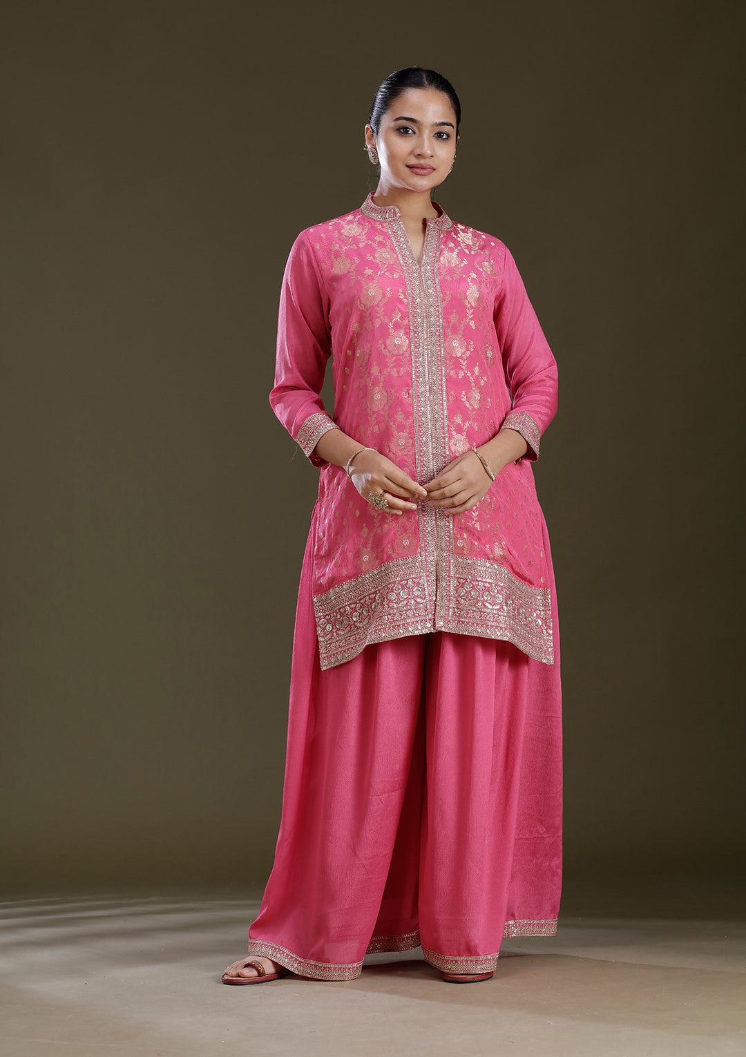 Pink Threadwork Chinon Readymade Salwar Suit