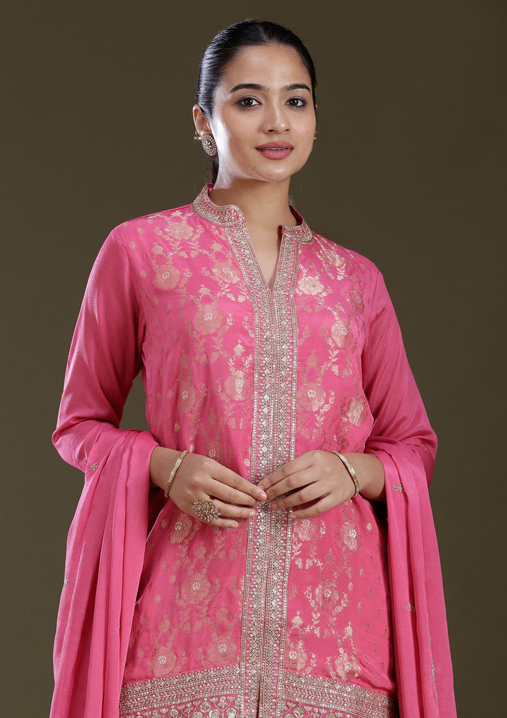 Pink Threadwork Chinon Readymade Salwar Suit