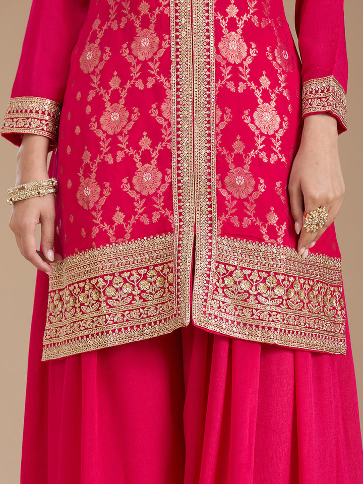 Rani Pink Threadwork Soft Raw Silk Readymade Salwar Suit