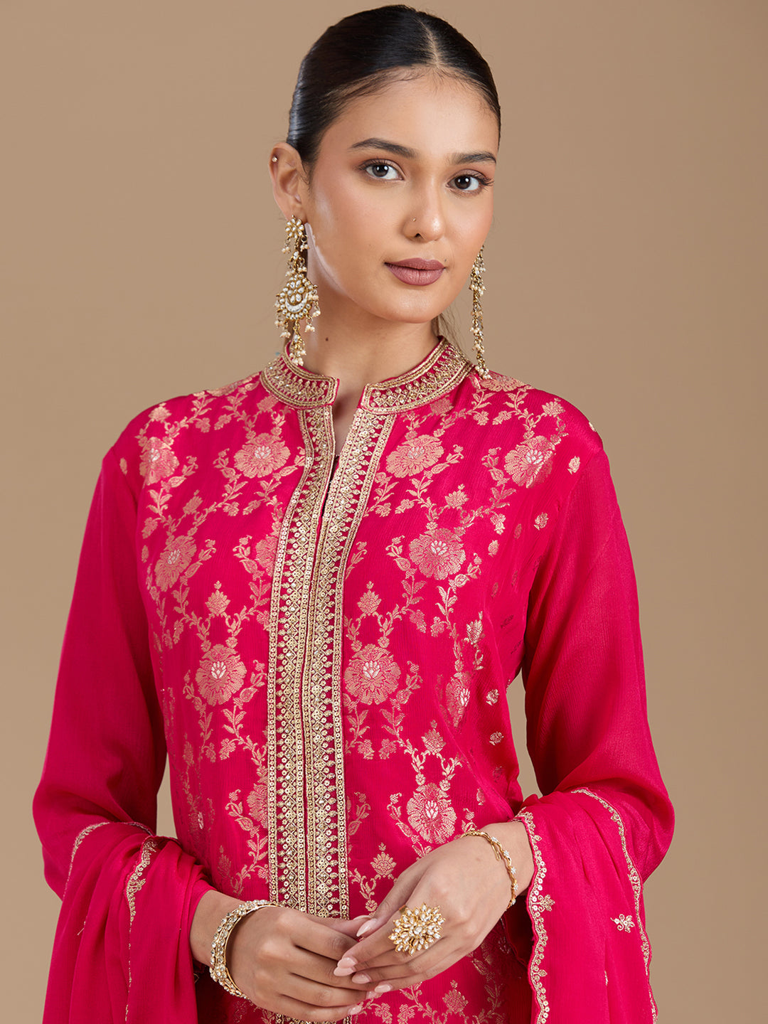 Rani Pink Threadwork Soft Raw Silk Readymade Salwar Suit