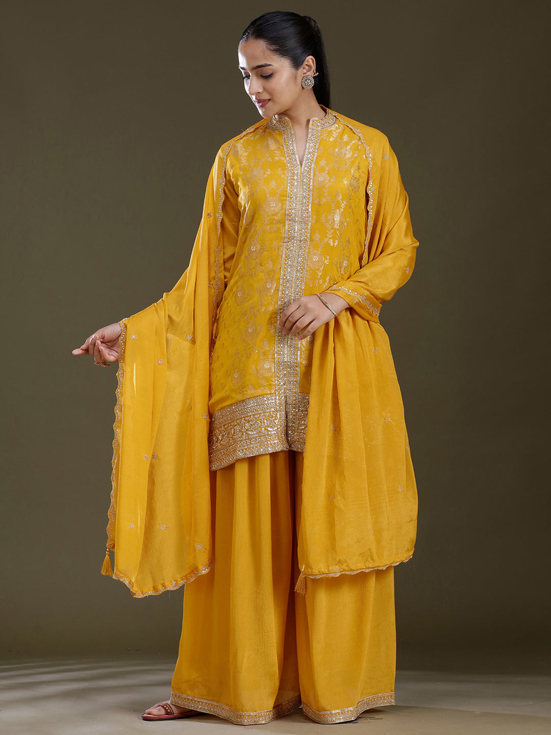 Yellow Zariwork (Gold) Chinon Readymade Salwar Suit
