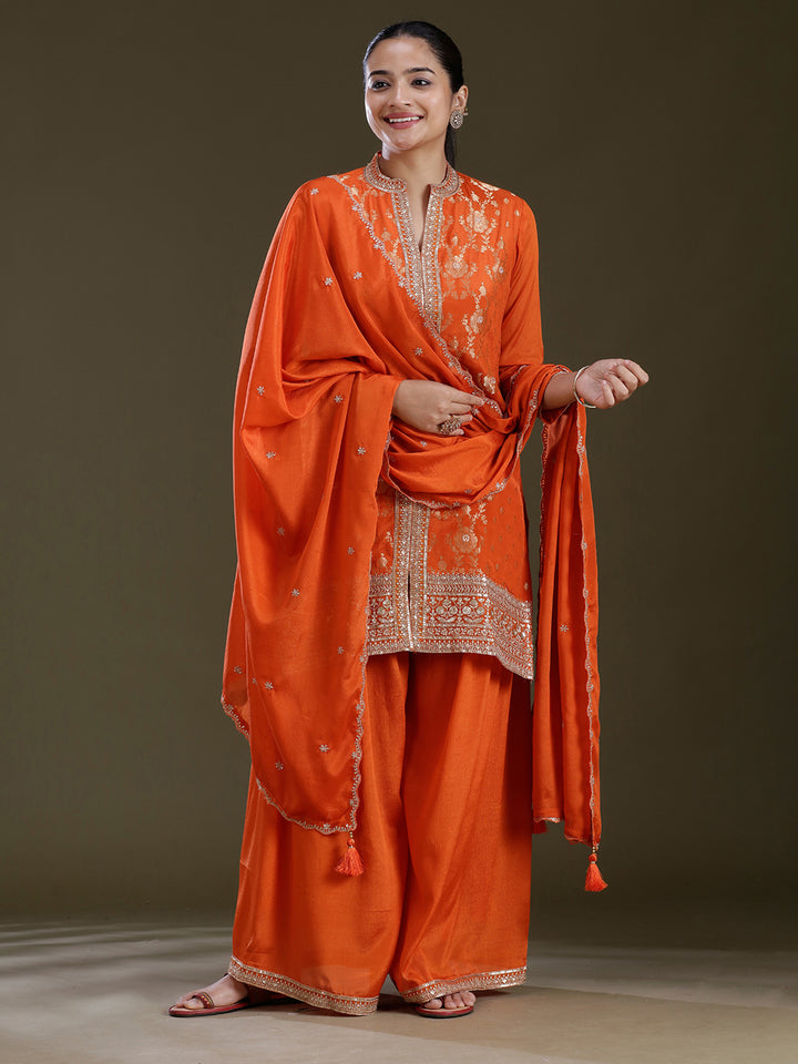 Orange Zariwork (Gold) Chinon Readymade Salwar Suit
