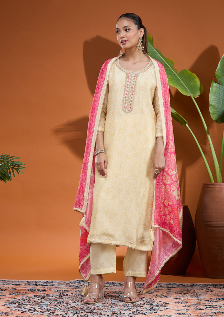 Cream Raw Silk Zariwork Straight Kurta With Regular Pant And Dupatta